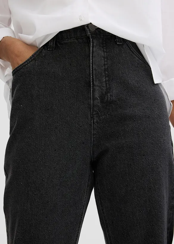 Loose Straight-jeans High waist, komfortlinning med strass, bonprix