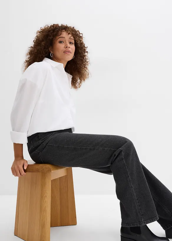 Loose Straight-jeans High waist, komfortlinning med strass, bonprix