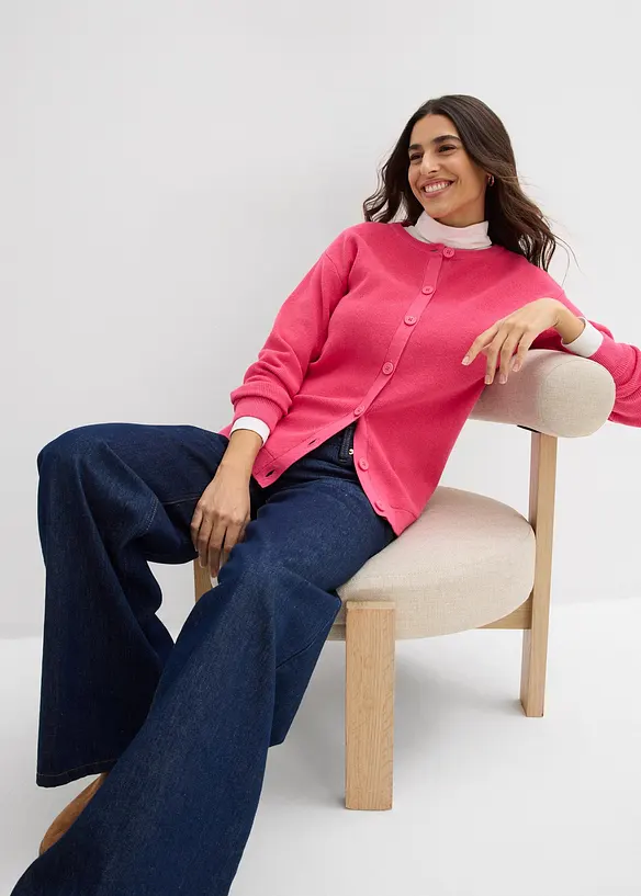 Finstrikket cardigan med rund hals, bonprix
