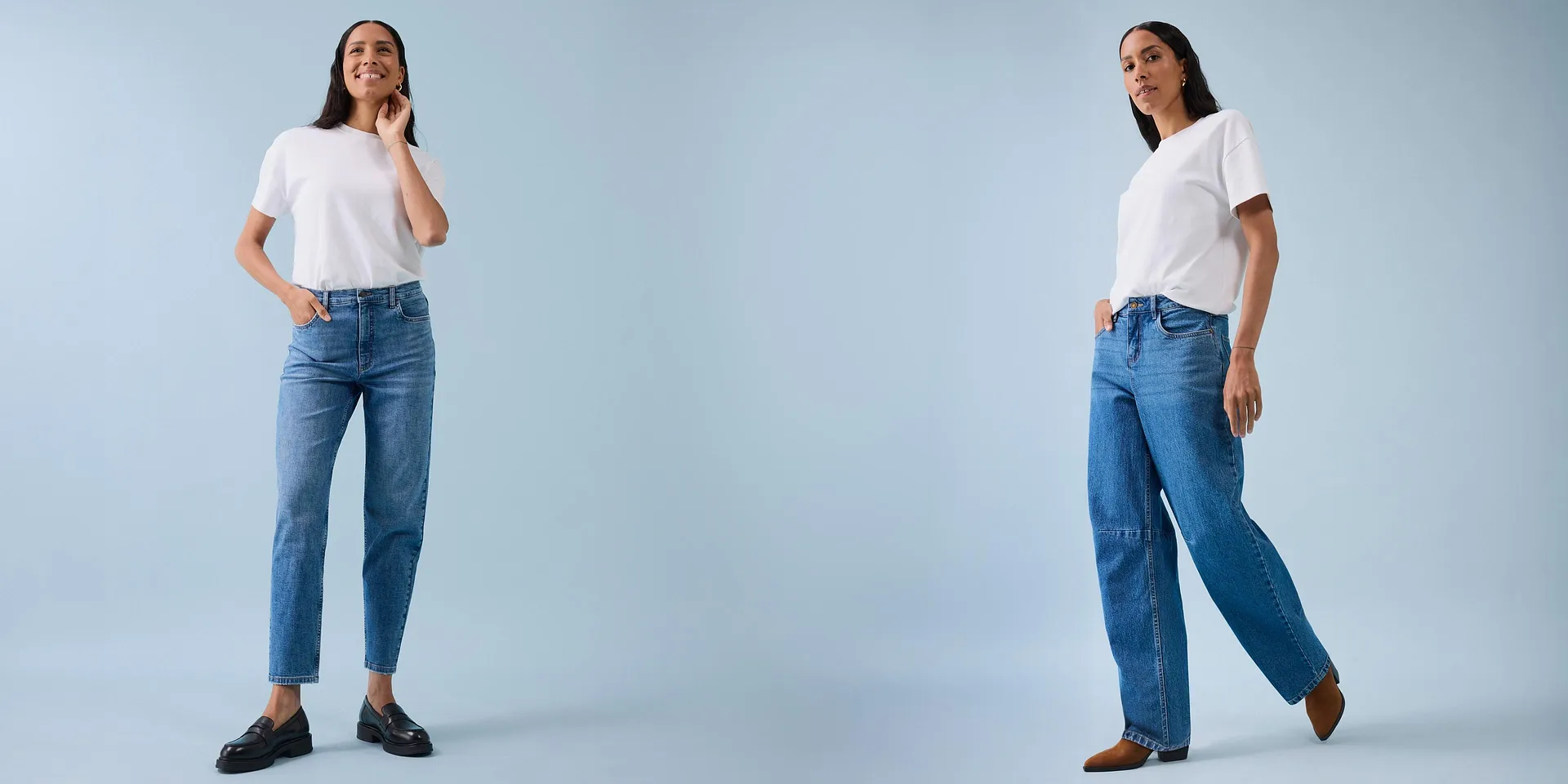 Klassisk ledig look: Hvit T-skjorte kombinert med bluejeans og moteriktige sko.