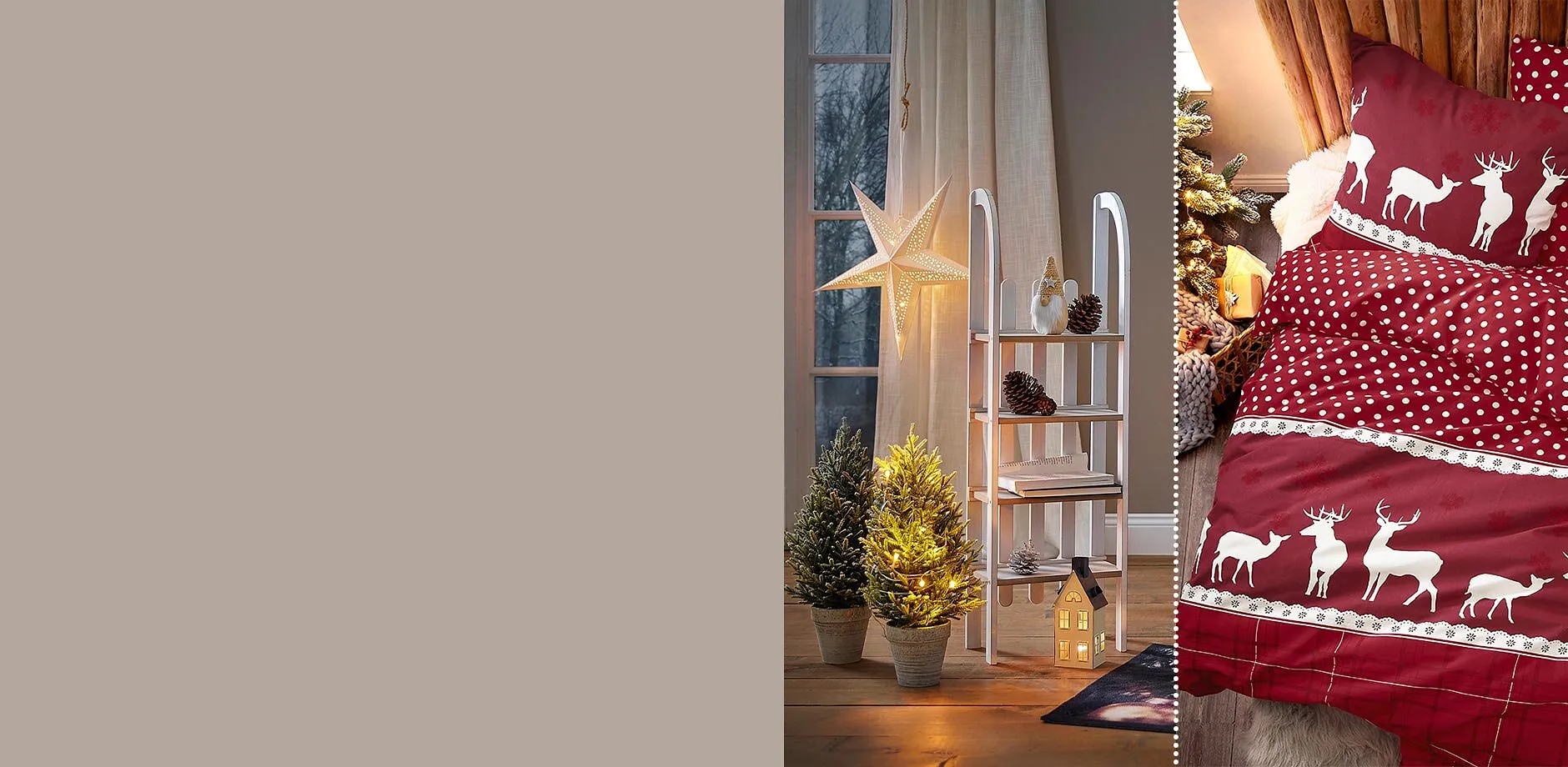 Vinterlige dekorasjoner og koselig sengesett i burgunderrødt med hvite reinsdyr.