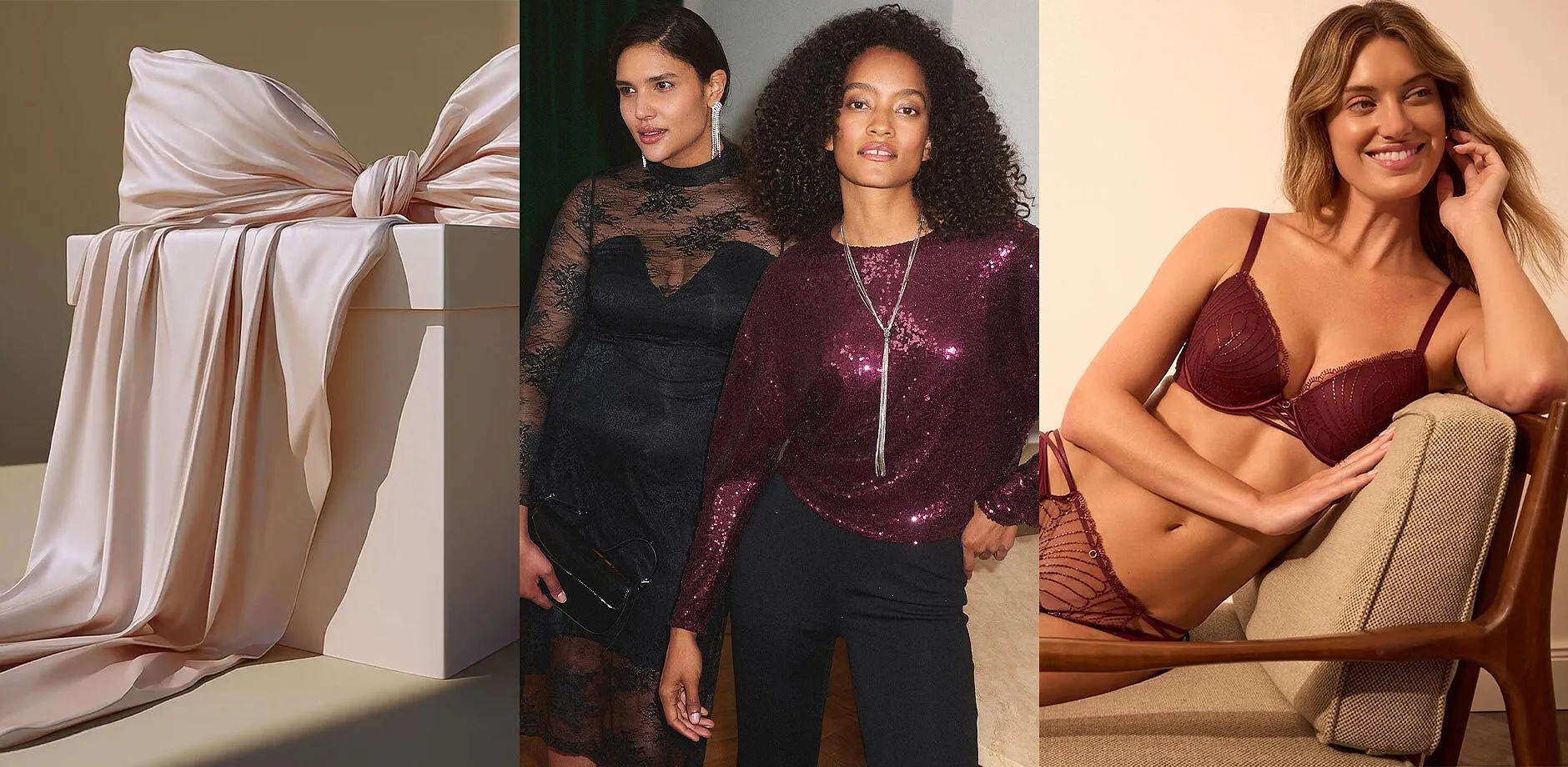 Stor gave med sløyfe. Festlig mote og festlig undertøy.