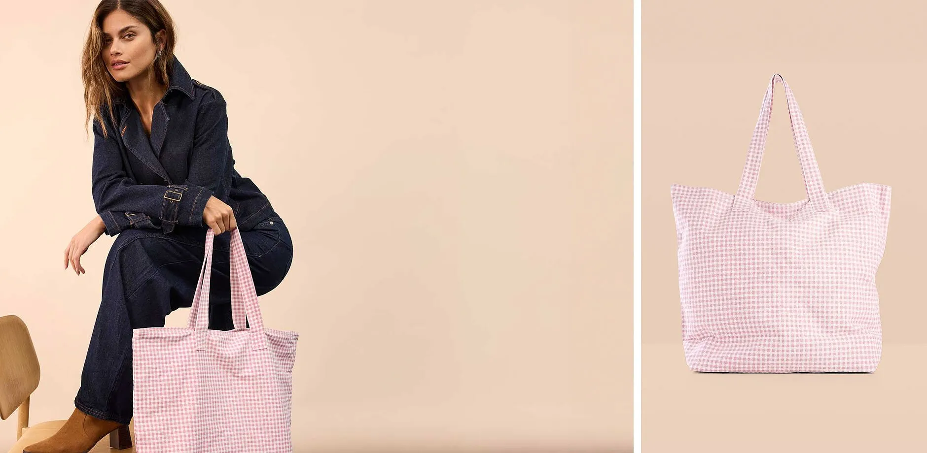 Jumpsuit i denim kombinert med rosa, rutete veske.