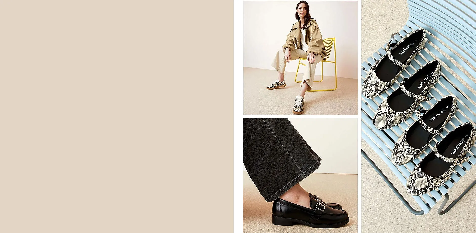 Elegante sko: sorte loafers, slangem&oslash;nstrede ballerinas og hvite sandaler.