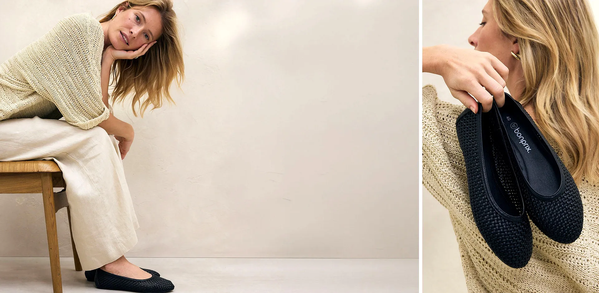 En kremfarget, varm strikkegenser og hvit linbukse s&oslash;rger for en avslappet, elegant stil.