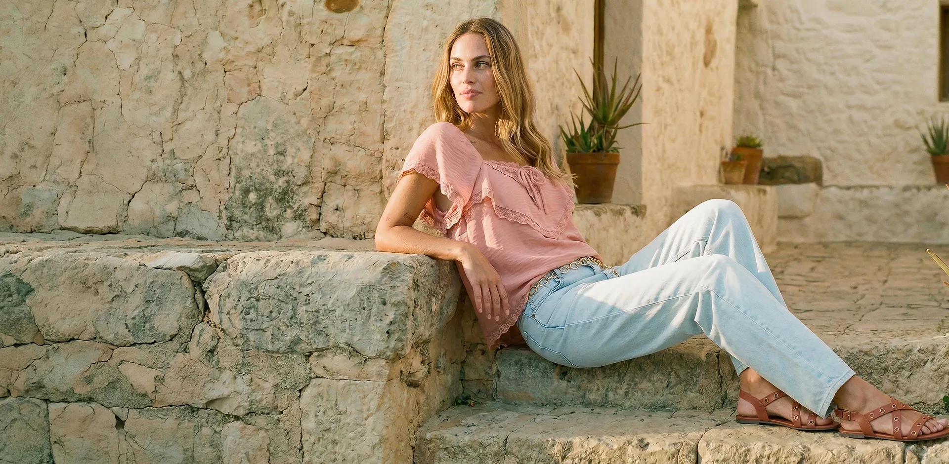 Blekrosa rysjebluse og lysebl&aring; jeans.