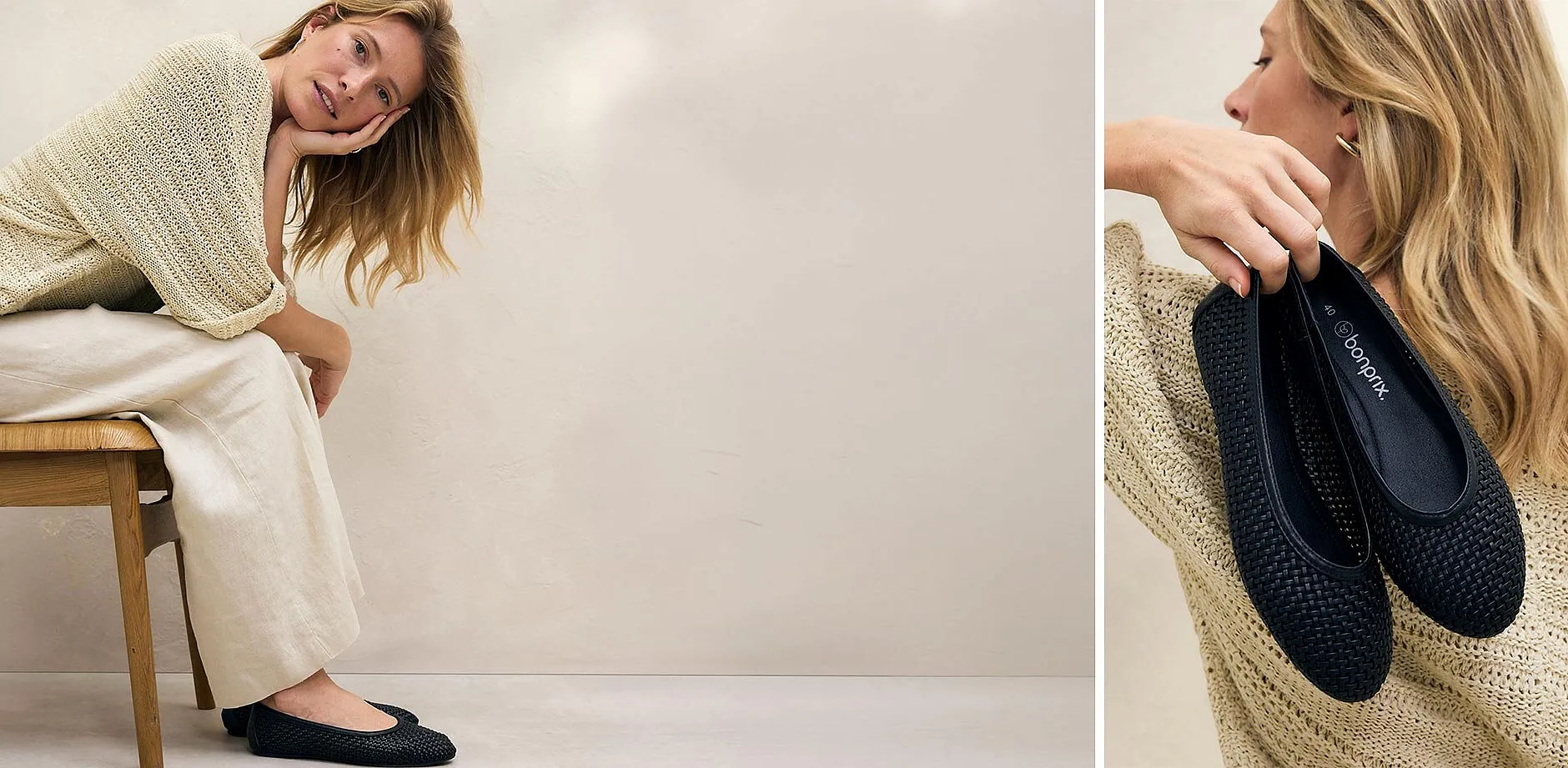 En kremfarget, varm strikkegenser og hvit linbukse s&oslash;rger for en avslappet, elegant stil.