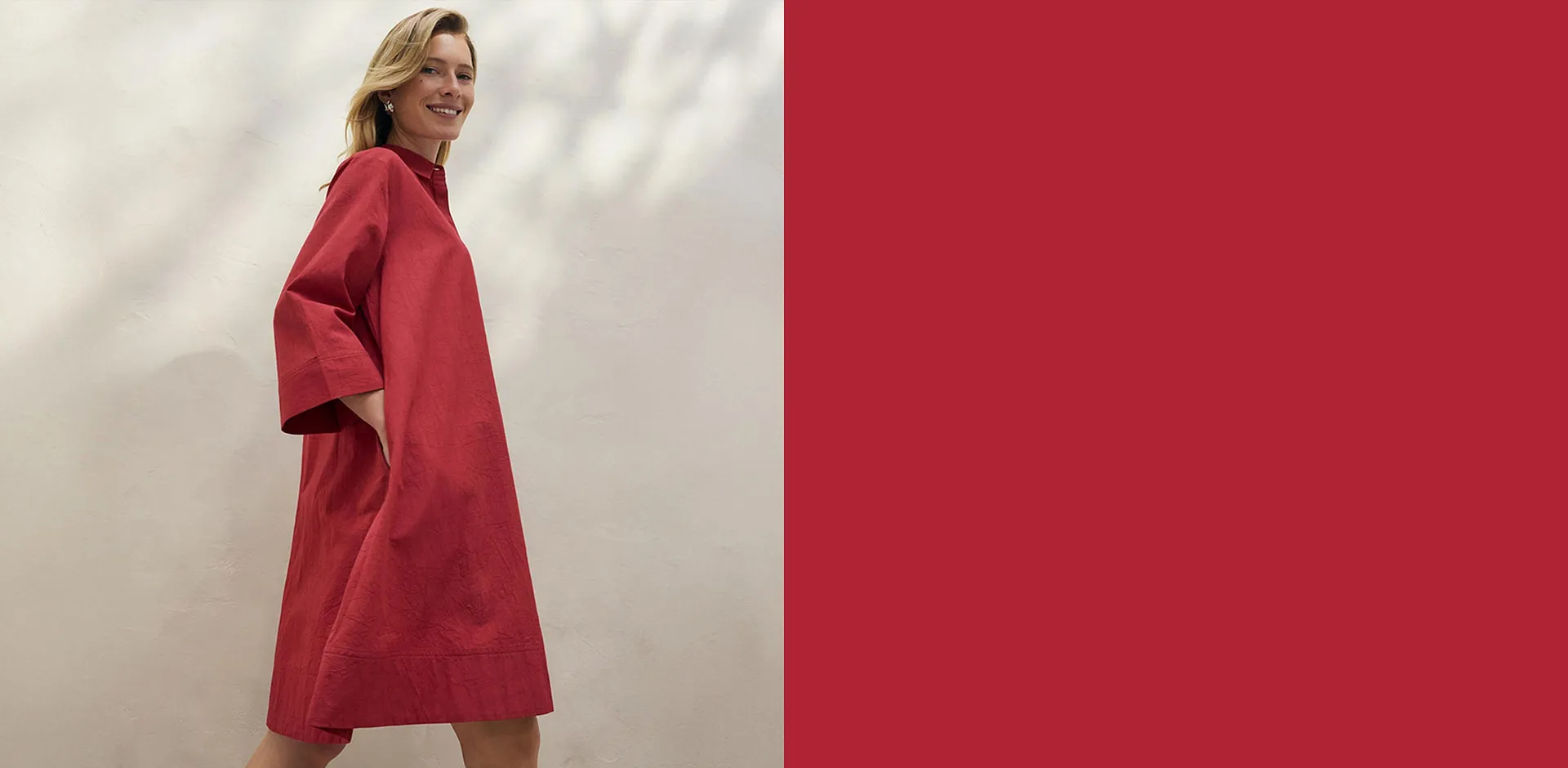 Trendy - Skjortekjole av 100% &oslash;kologisk bomull - kirseb&aelig;rr&oslash;d