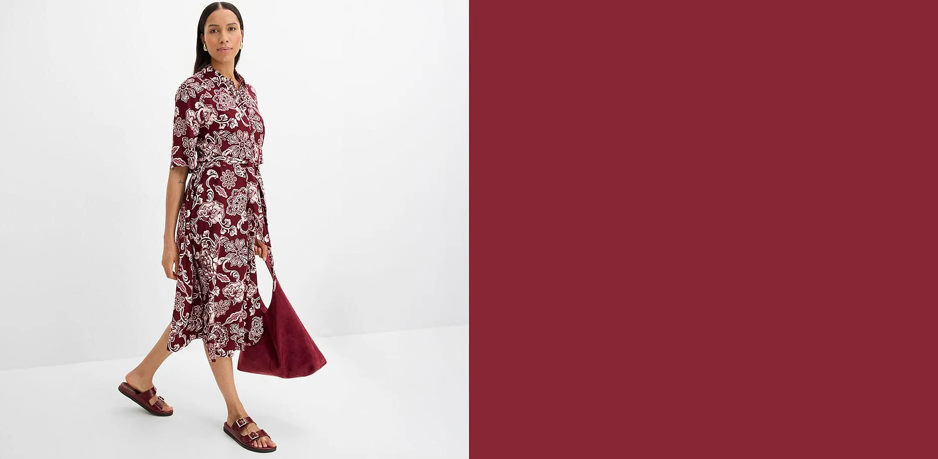 Flott skjortekjole med blomsterm&oslash;nster i r&oslash;dt og rosa.