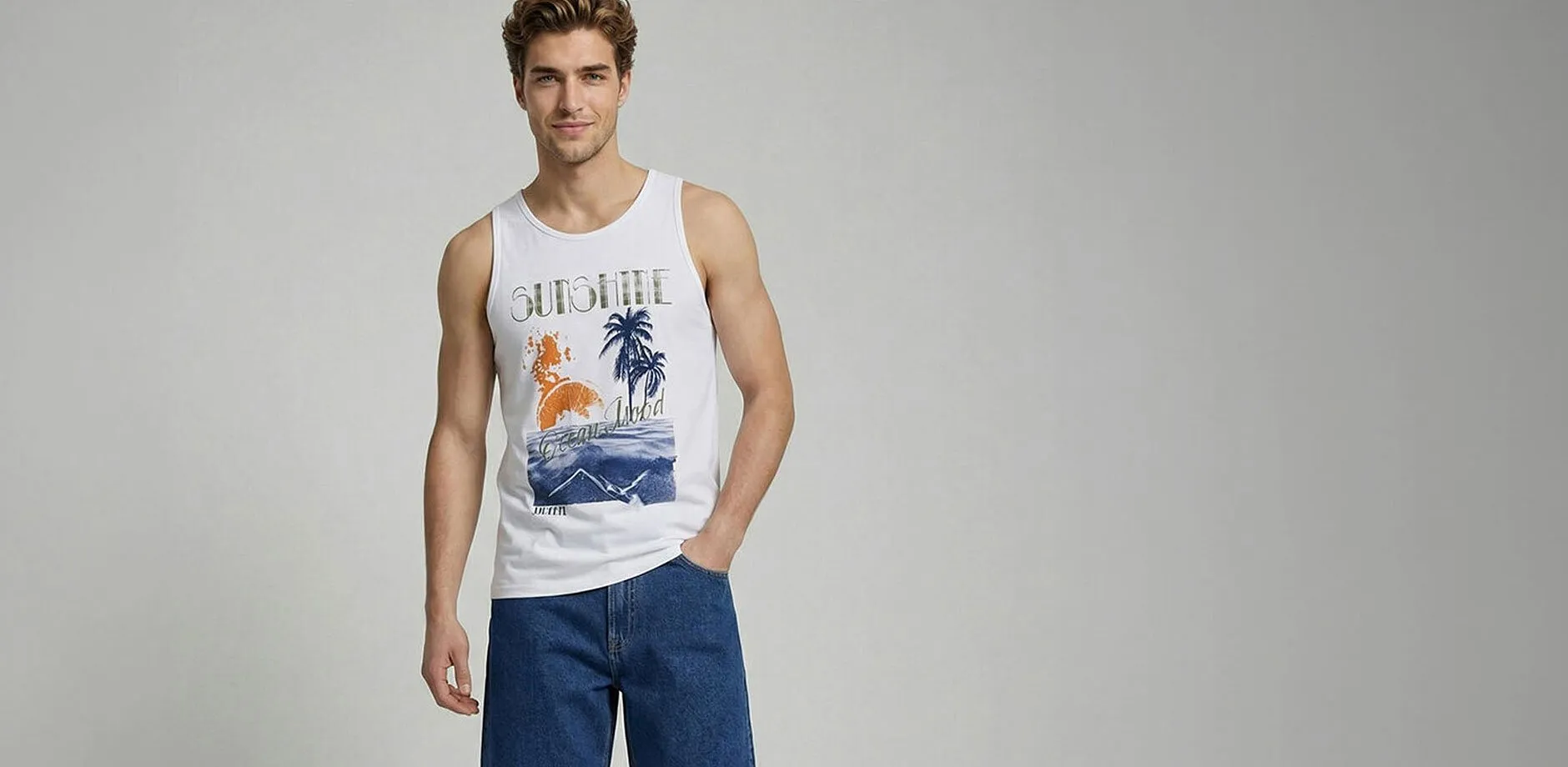 Sommersinglet med tropisk m&oslash;nster og behagelig denimshorts.