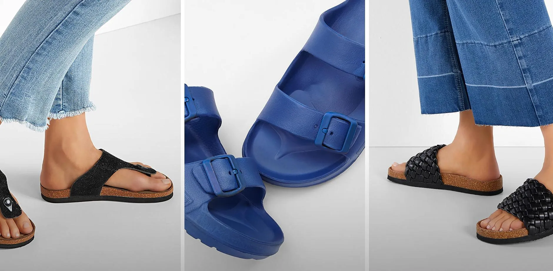 Sorte t&aring;sandaler, bl&aring; remsandaler og flettede slip-in sandaler.
