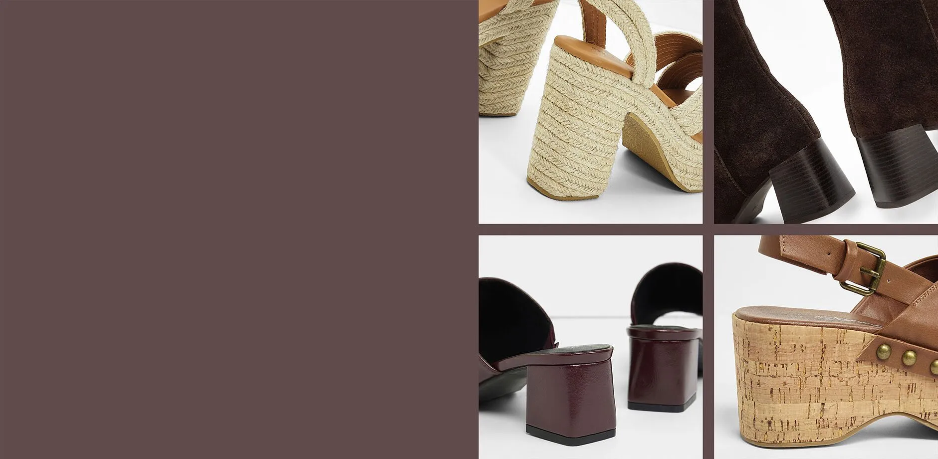 Et stort utvalg skomodeller: espadriller, ankelst&oslash;vletter, elegante h&aelig;ler og plat&aring;sandaler i kork.