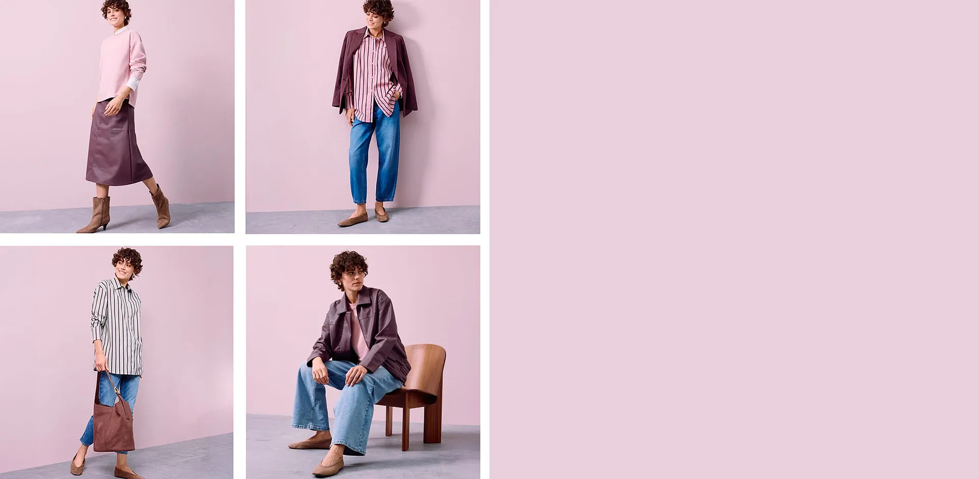 Moderne antrekk med jeans, stripete skjorter, skinnskj&oslash;rt og varme fargeaksenter.