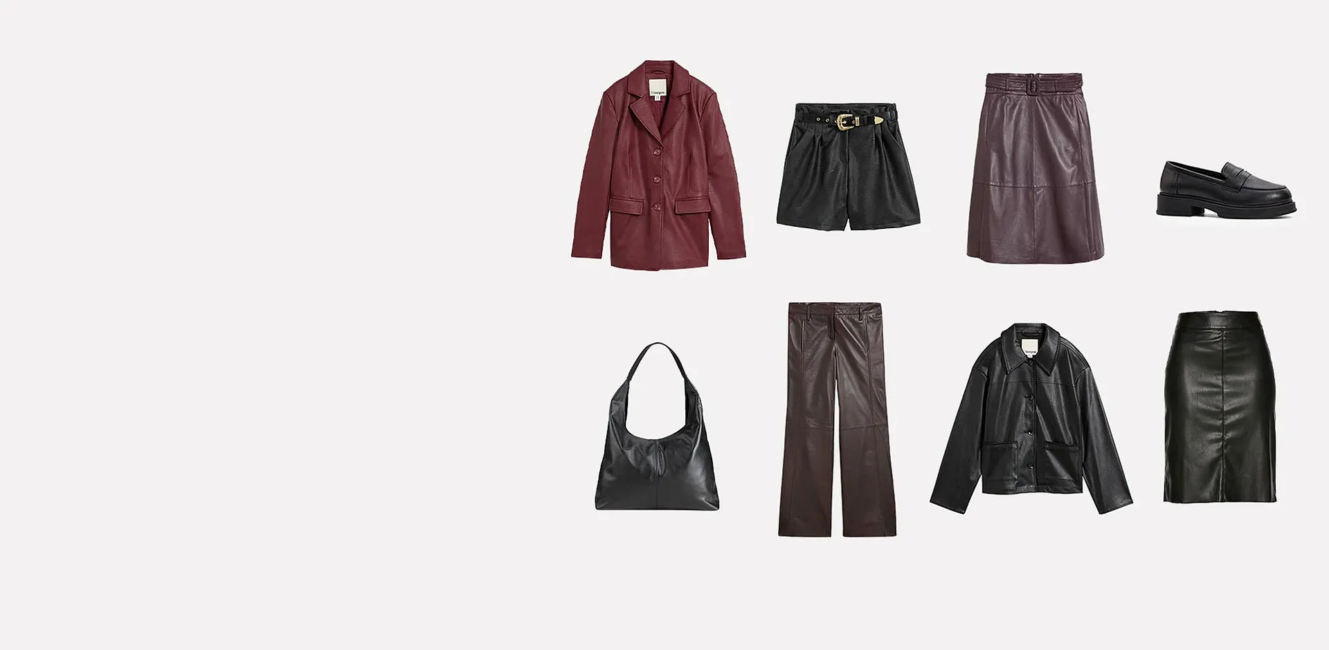 Skinnjakker, bukser, shorts og skj&oslash;rt i sesongens farger, kombinert med loafers og veske.