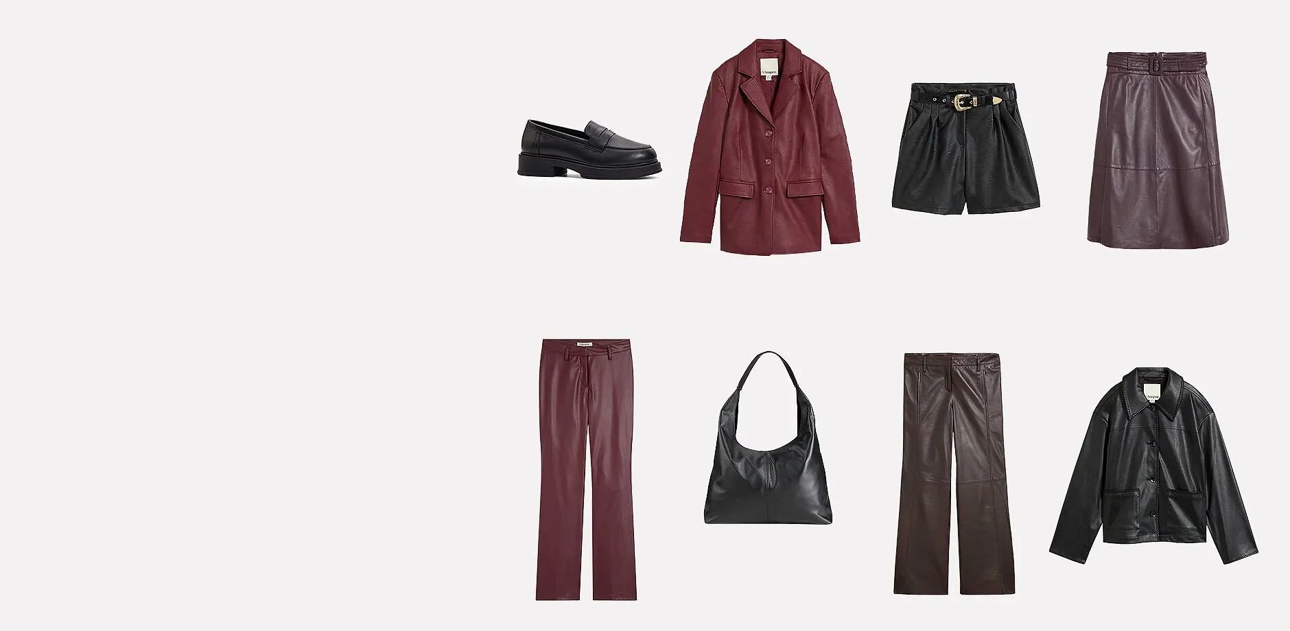 Skinnjakker, bukser, shorts og skj&oslash;rt i sesongens farger, kombinert med loafers og veske.