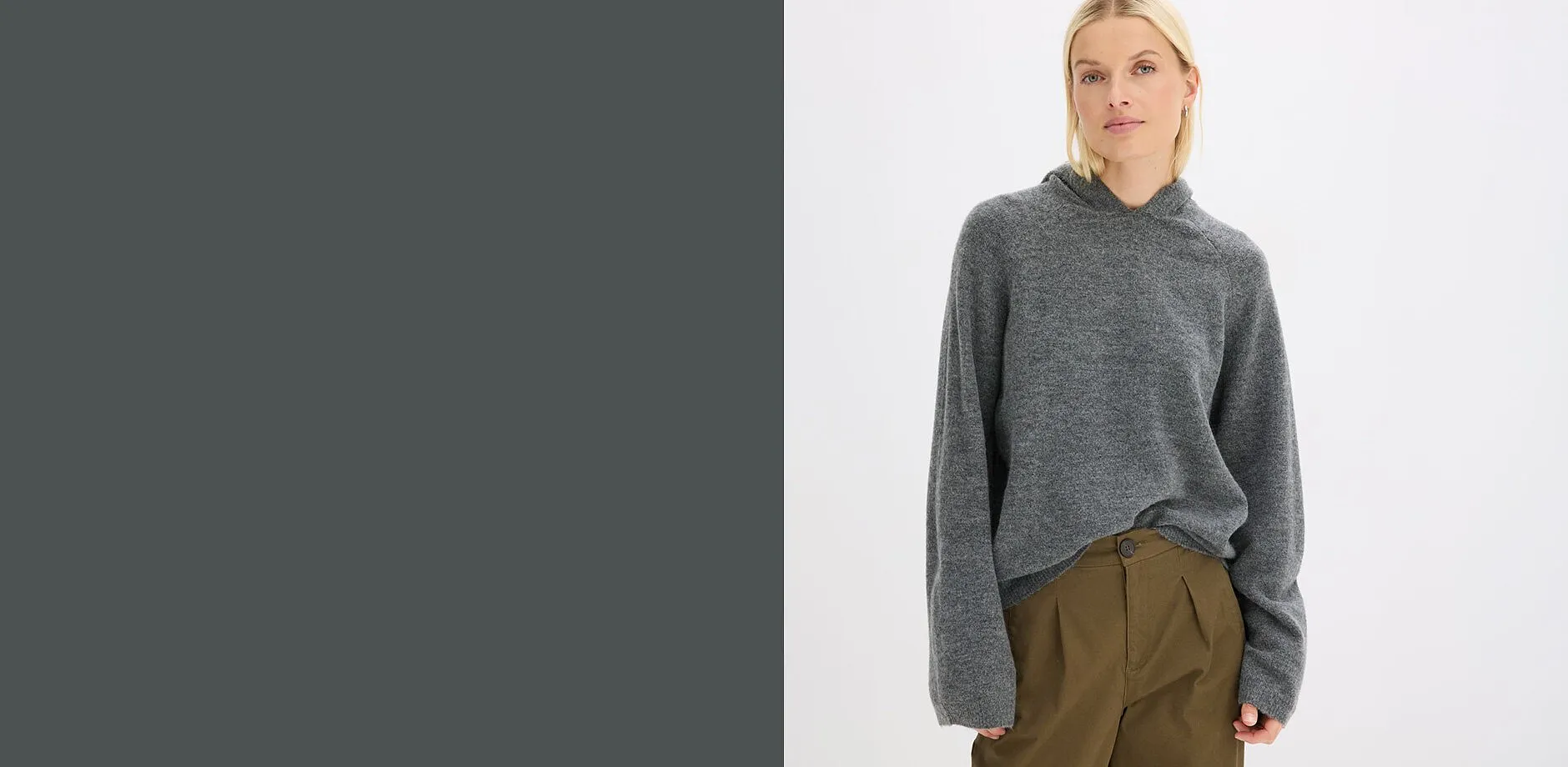 Stilig look med behagelig, gr&aring; hettegenser og moteriktig, olivengr&oslash;nn bukse med legg.