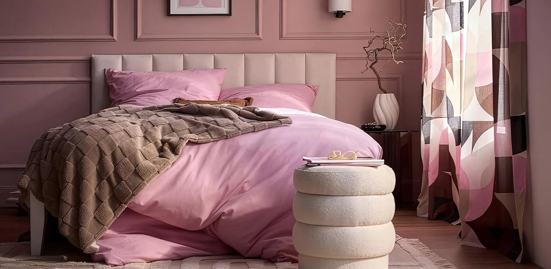 Koselig soverom med rosa sengesett, deilig mykt pledd og flerfargede gardiner.