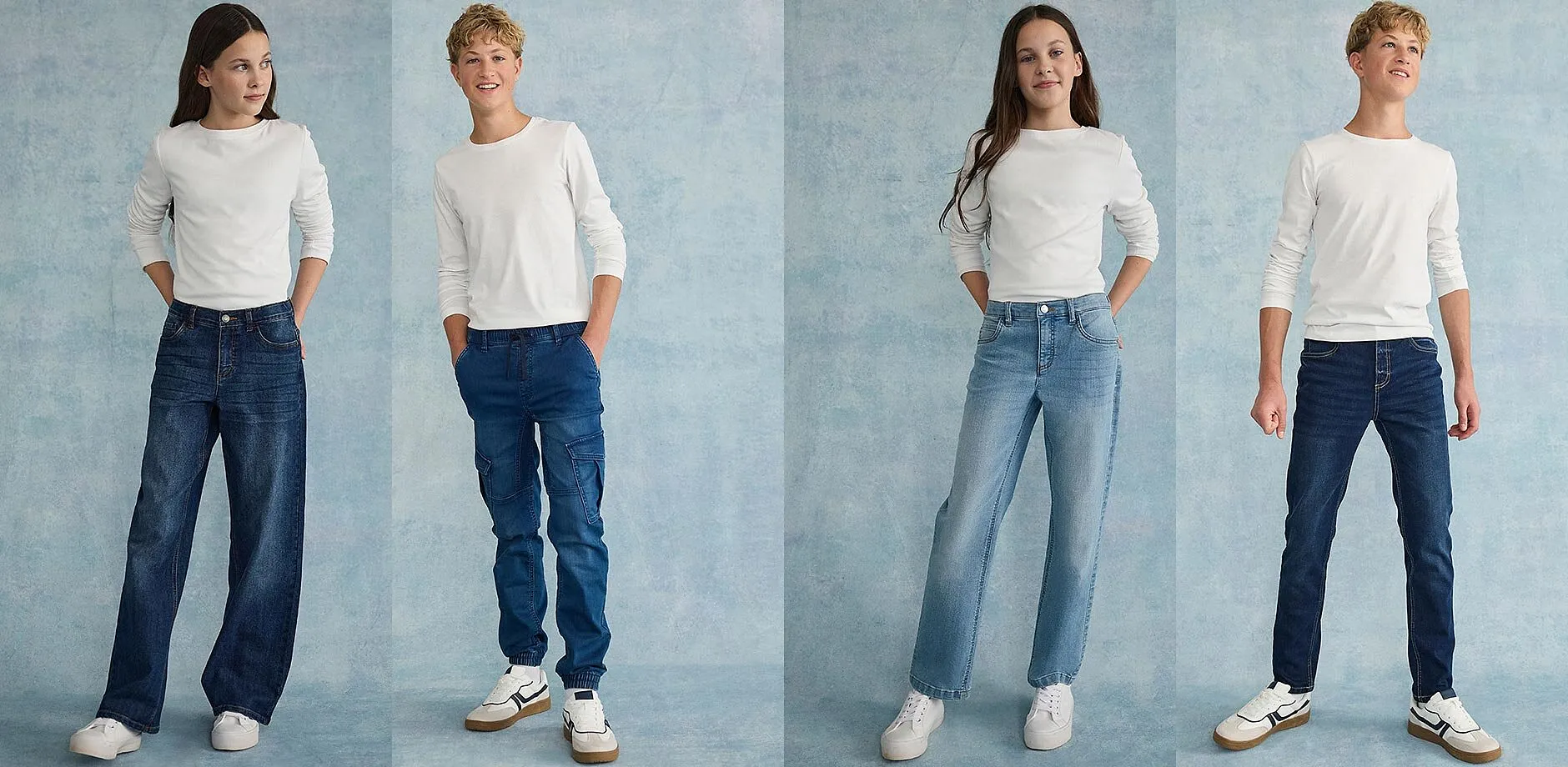 Ledig look med hvite topper og vide jeans. Behagelig hverdagslook for kule kids.