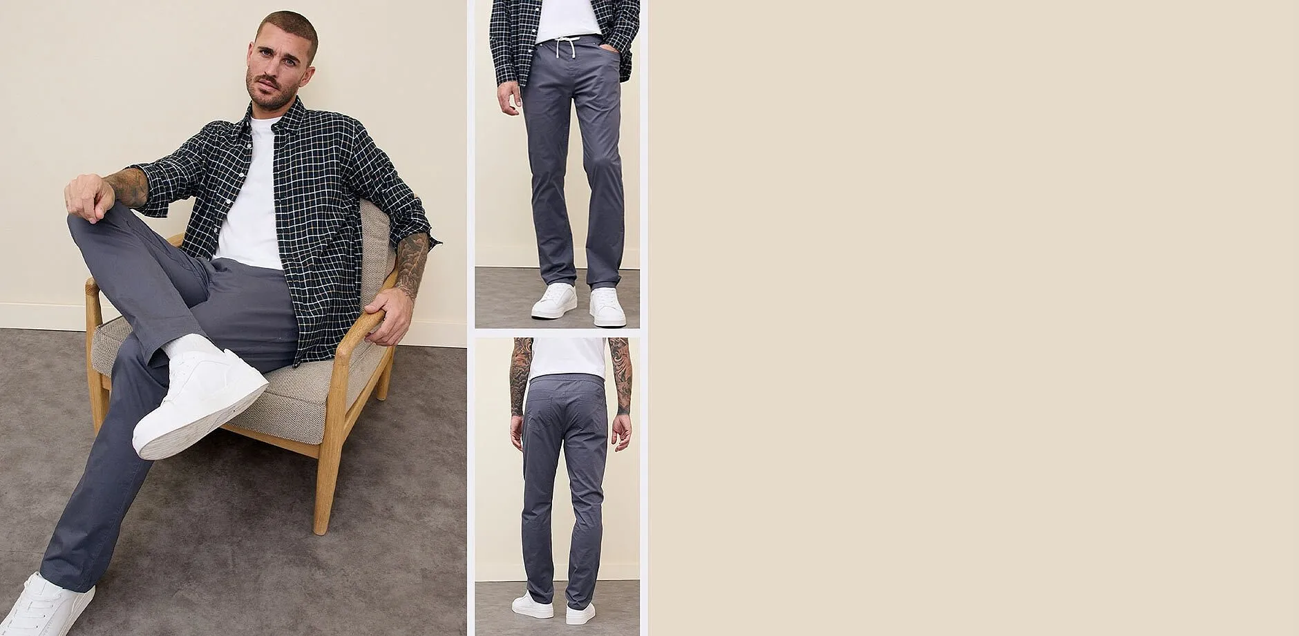 Rutete skjorte, hvit T-skjorte og gr&aring; bukse med komfortlinning.