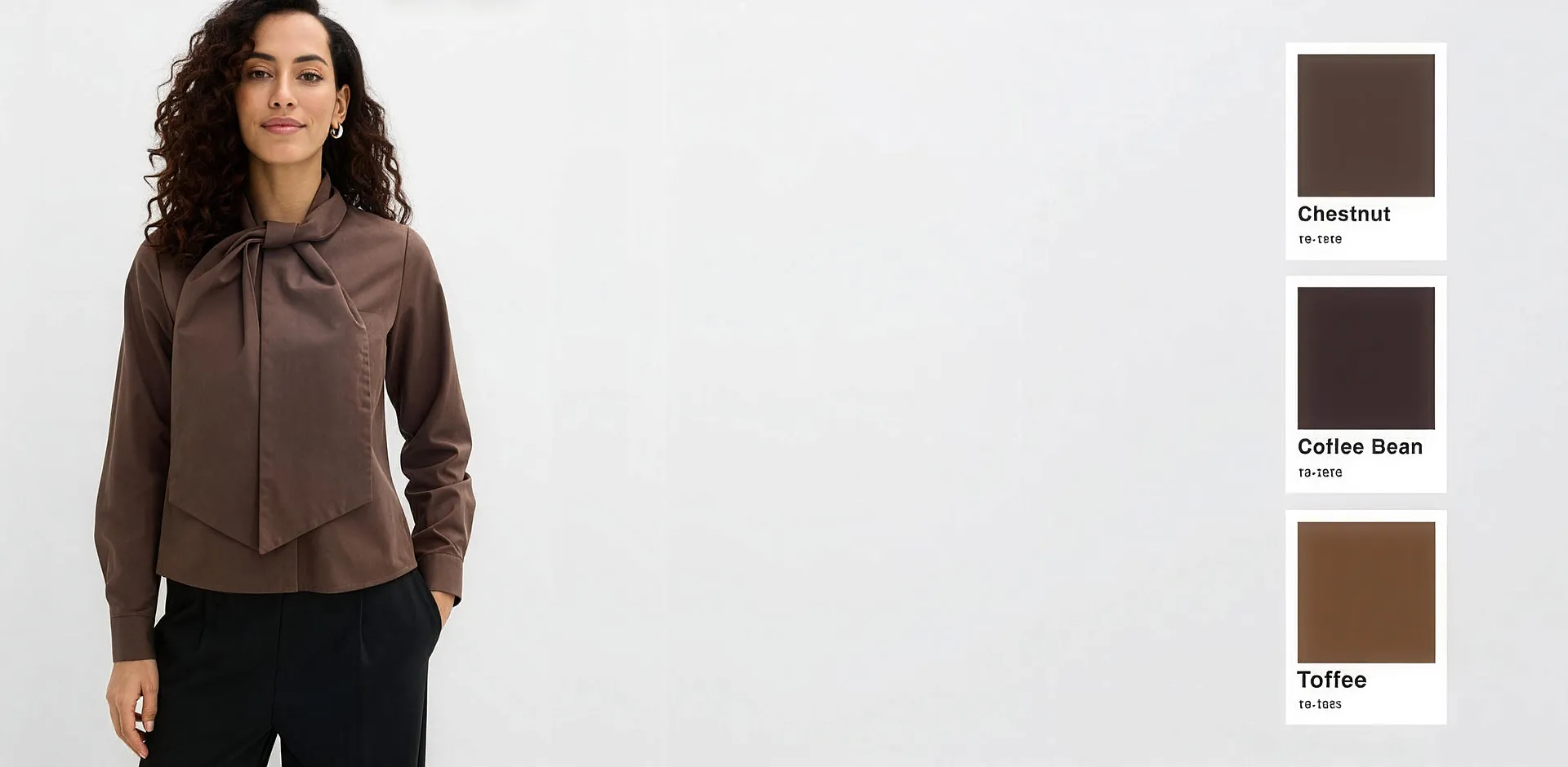 Elegant knytebluse som matcher fargene chestnut og coffee bean.