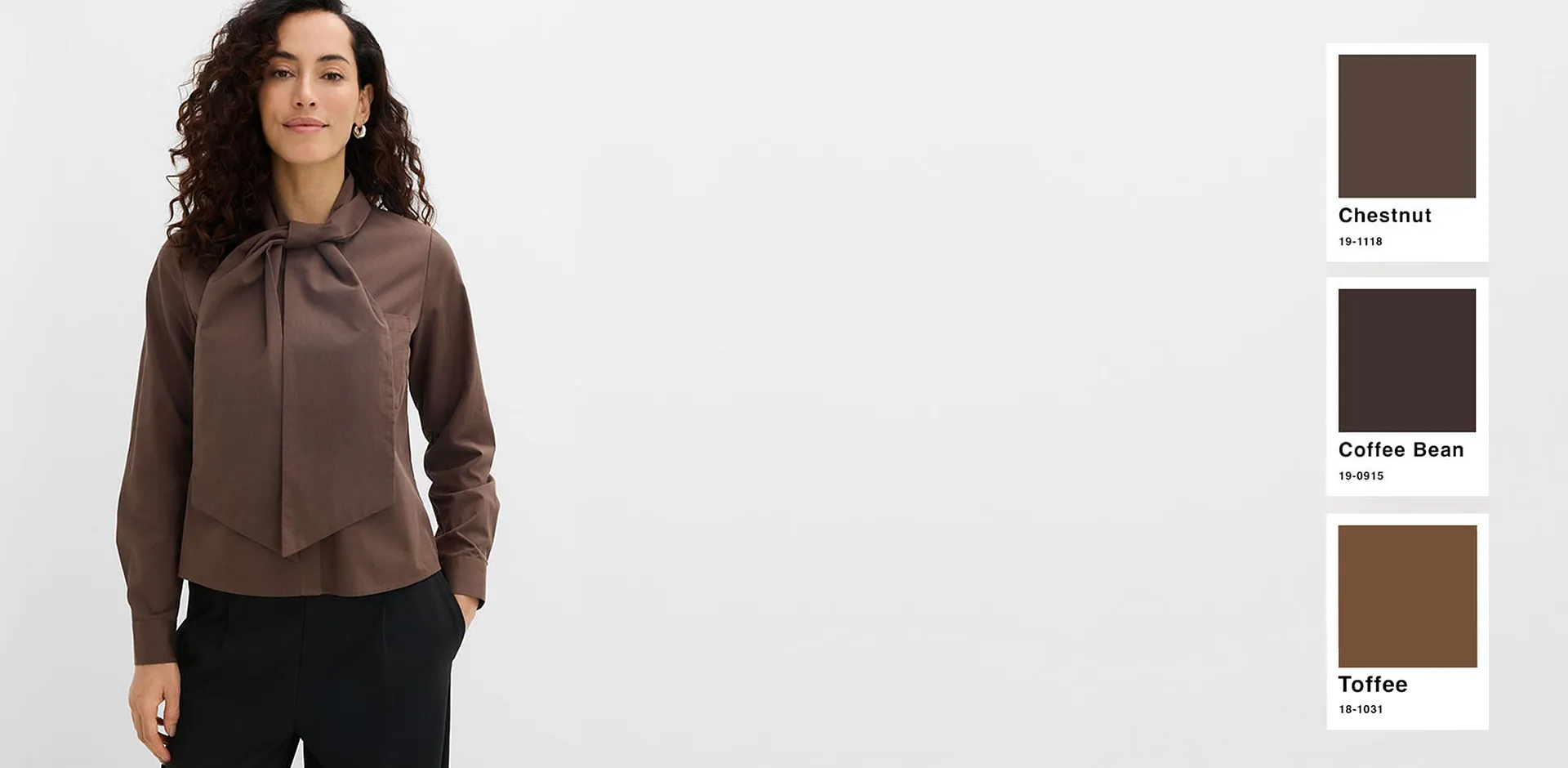 Elegant knytebluse som matcher fargene chestnut og coffee bean.