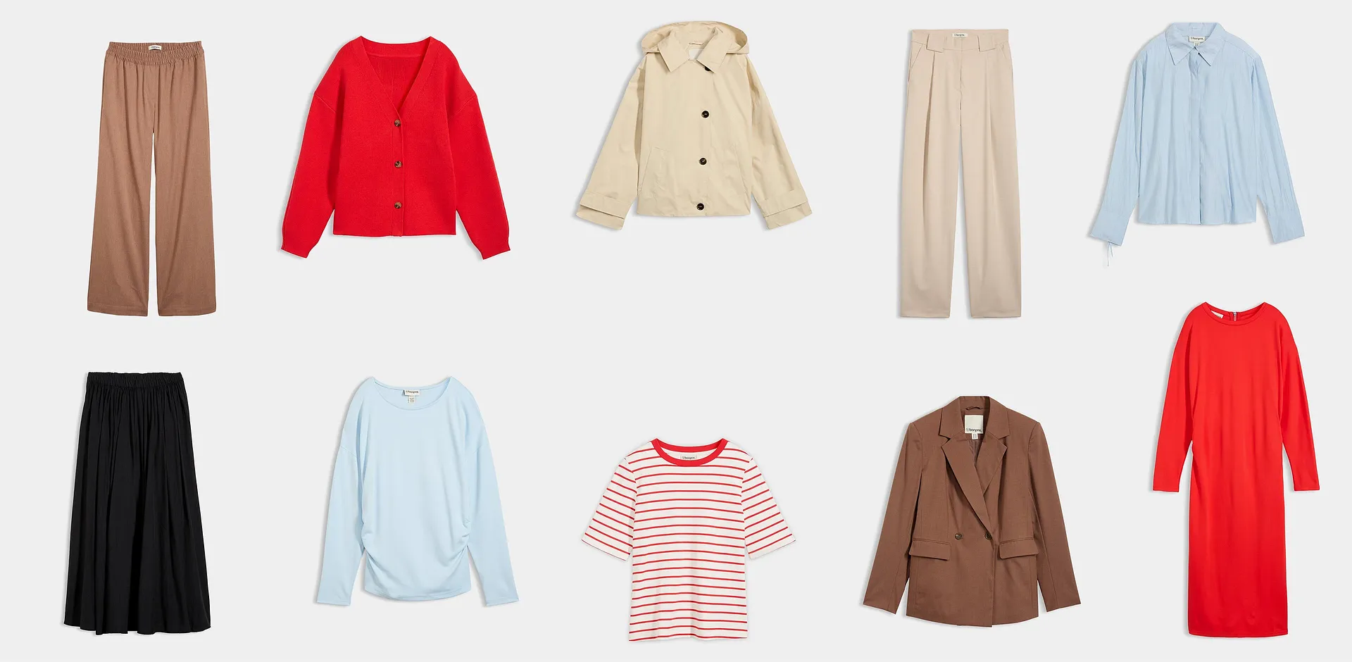 Allsidig garderobe med lysende r&oslash;de aksenter, lyse pastelltoner og elegante jordfarger for enhver anledning.