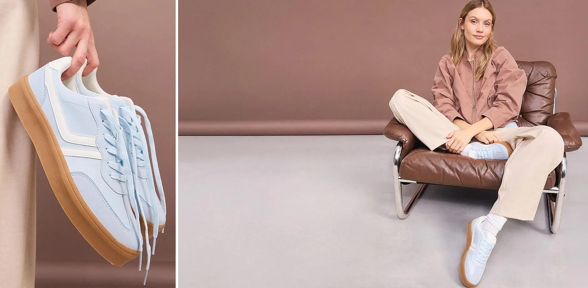 Brun jakke kombinert med beige bukse og lysebl&aring; sneakers.