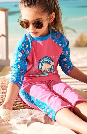 Barn - Badetopp til jente, med UV-beskyttelse - pink/sydhavsblå med trykk