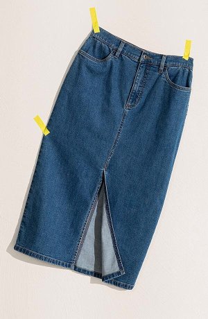 Dame - Langt jeansskjørt med plitt, av Positive Denim #1 Fabric - blå denim 