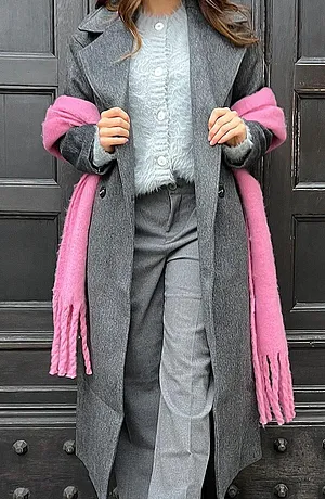 Dame - Dobbeltspent oversized kåpe i ull-look - antrasitt melert