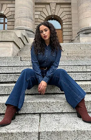Dame - Jeansskjorte, lang arm - mørk blå denim used