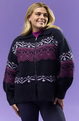 Dame - Oversized cardigan med moderne koftemønster - mørkeblå mønstret