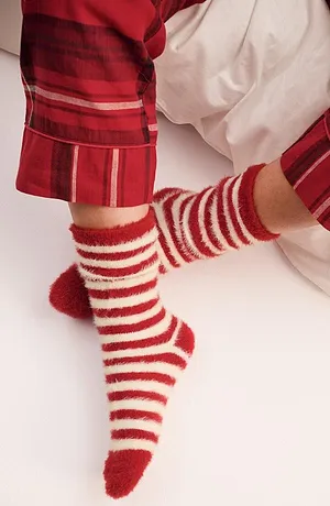 Dame - Supermyke sokker (2 par) - mørkerød/hvit stripemønster + mørkerød