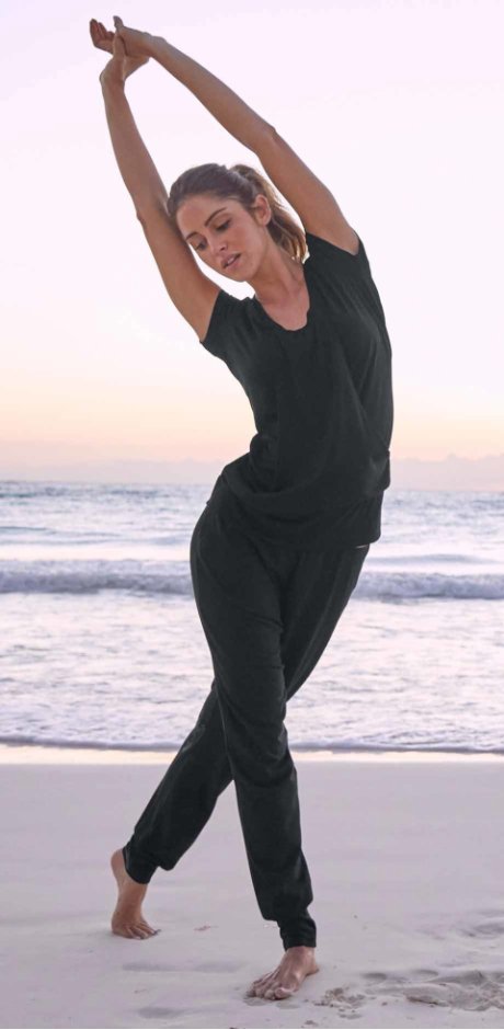 Dame - Wellness-top med stretch, kort arm - sort