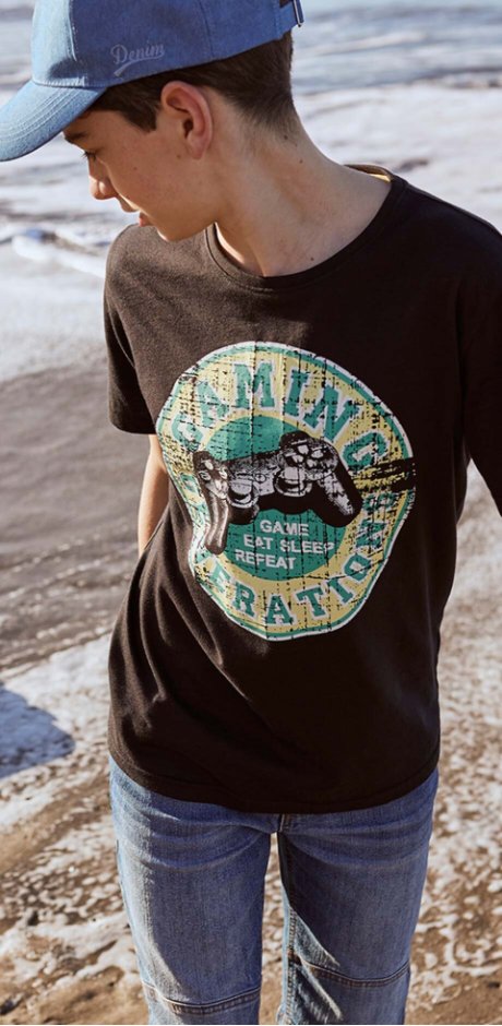 Barn - T-shirt gutt, økologisk bomull - mellomturkis med trykk