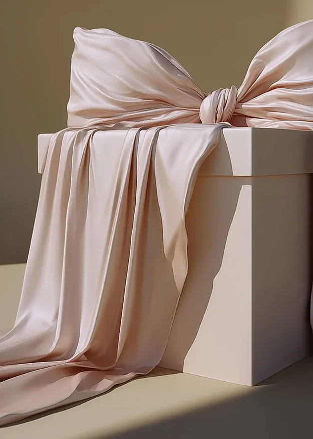 Blekt rosa klede knyttet til sl&oslash;yfe dekker en hvit eske p&aring; kunstnerisk vis.