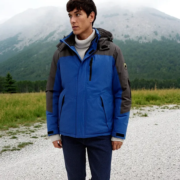 Herre - Funksjonsjakke i vanntett materiale med mykt fleecef&ocirc;r - asurbl&aring;/skifergr&aring; med trykk