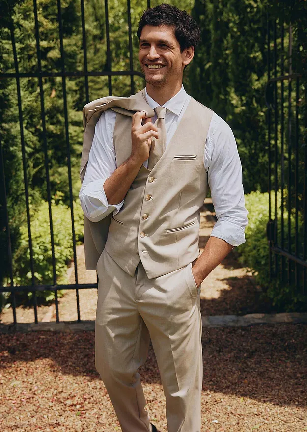 Herre - Dress (4-delt sett) med vest og slips, Regular Fit - lysebrun melert