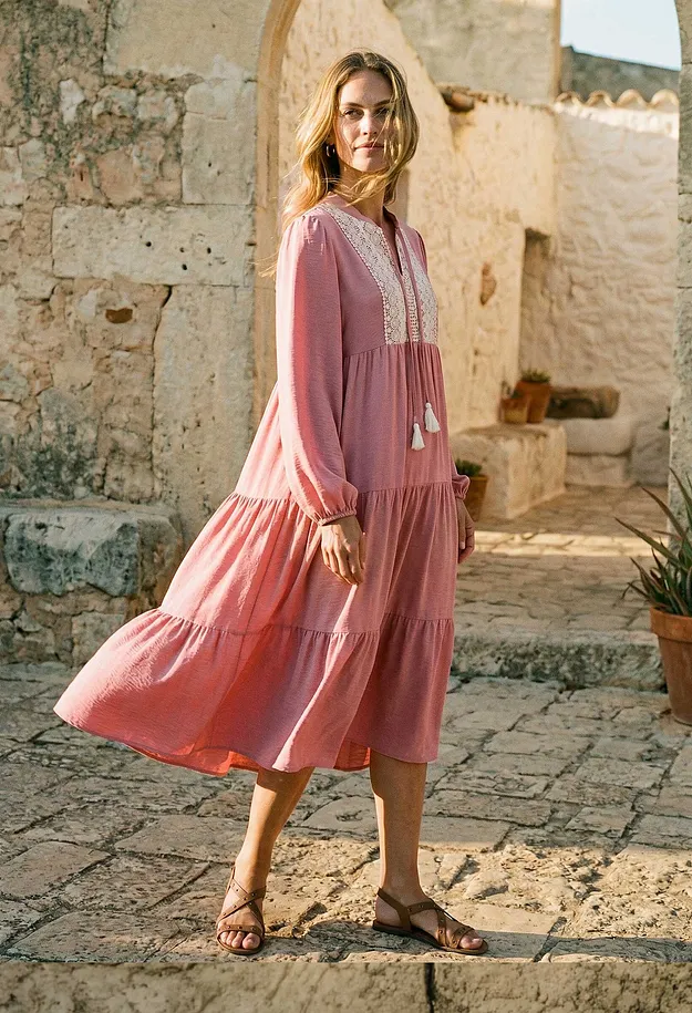 Dame - Midikjole i myk viskosemiks - pudderbrun/natur