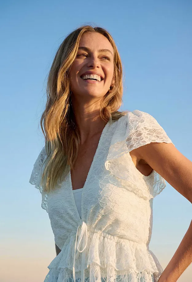 Dame - Kort blondetopp - naturhvit