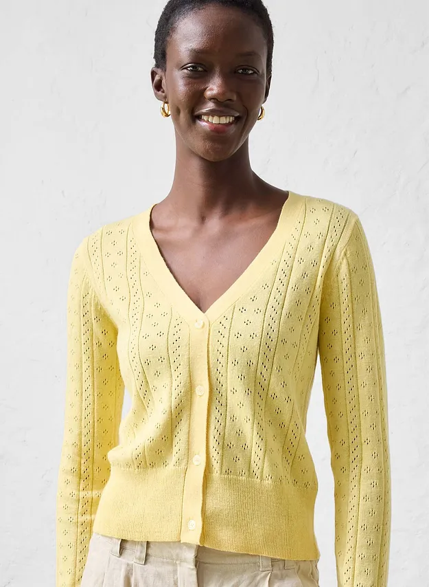 Dame - Cardigan med silke og hullm&oslash;nster - lysegul