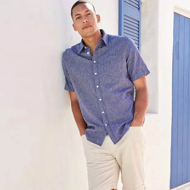 Herre - Kortermet skjorte med lin - bl&aring;/hvit stripet