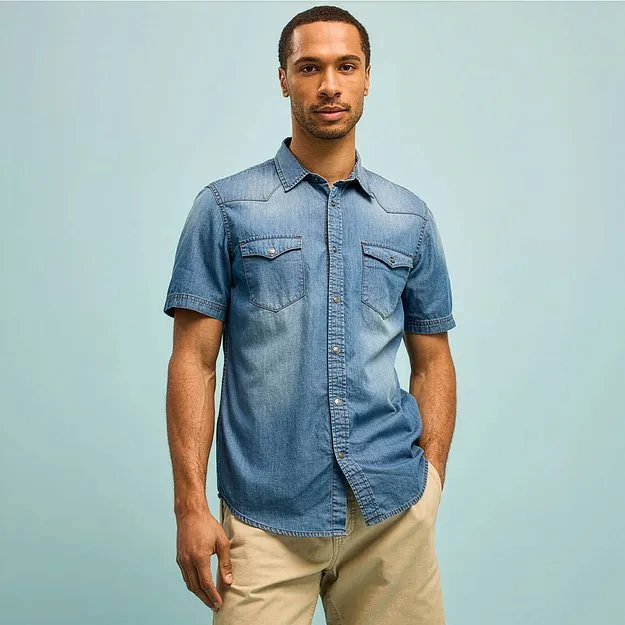 Avslappet bl&aring; denimskjorte med korte ermer og beige bukse.