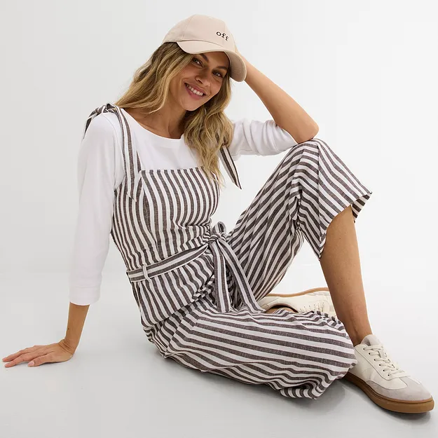 Trendy - Jumpsuit i bomull med lin - m&oslash;rkebrun/hvit stripem&oslash;nster
