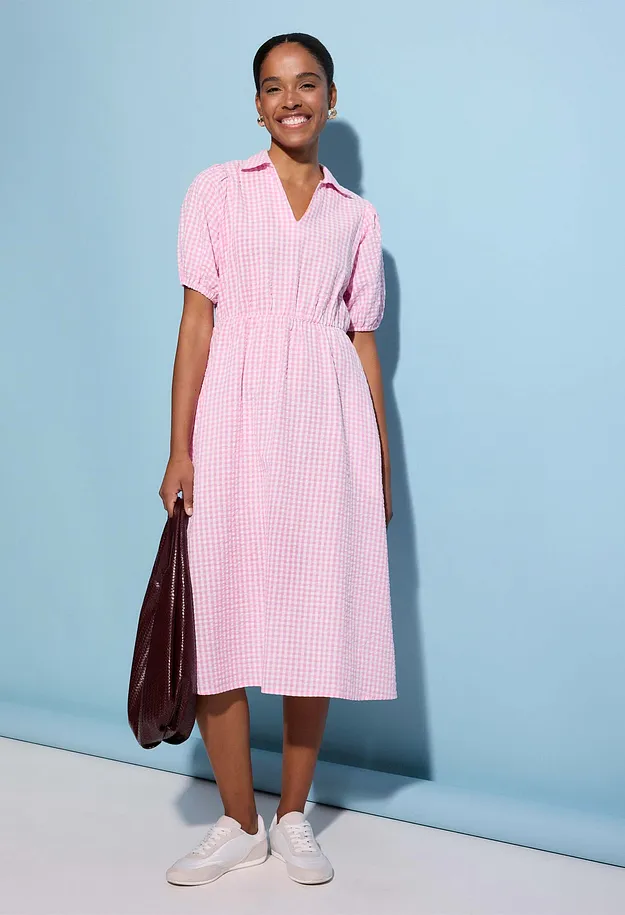 Dame - Midikjole i 100% bomull - rosa rutem&oslash;nster