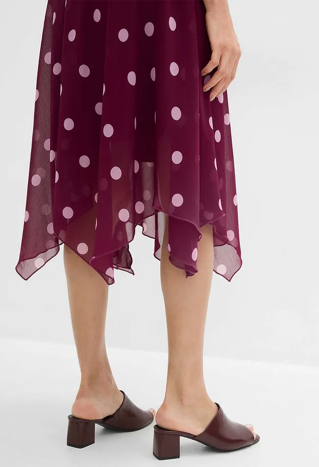 Trendy - Midiskj&oslash;rt i chiffon med asymmetrisk fald - holunder/m&oslash;rk syrin prikkem&oslash;nster