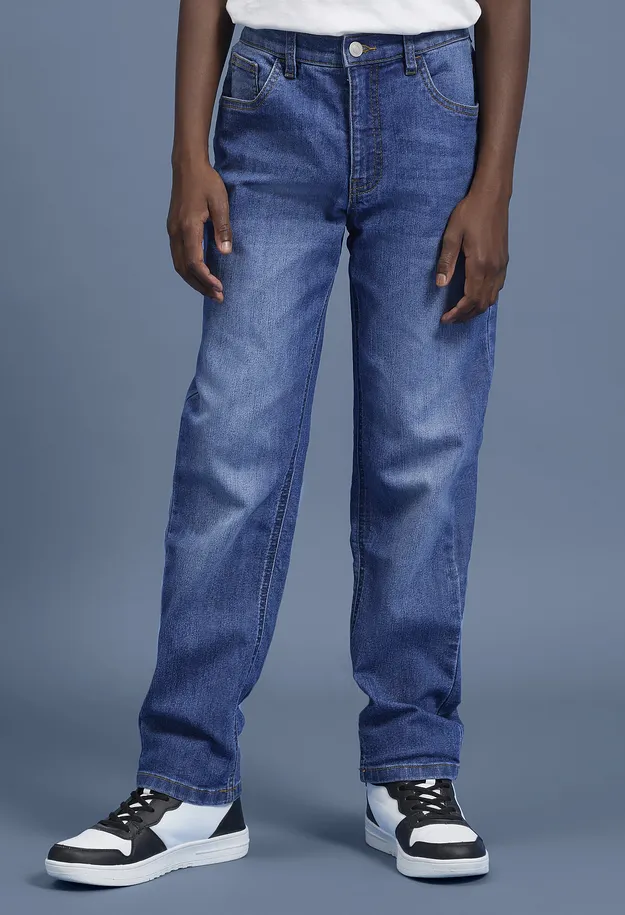Barn - Regular fit jeans med stretch og justerbar linning, straight - bl&aring; denim&nbsp;
