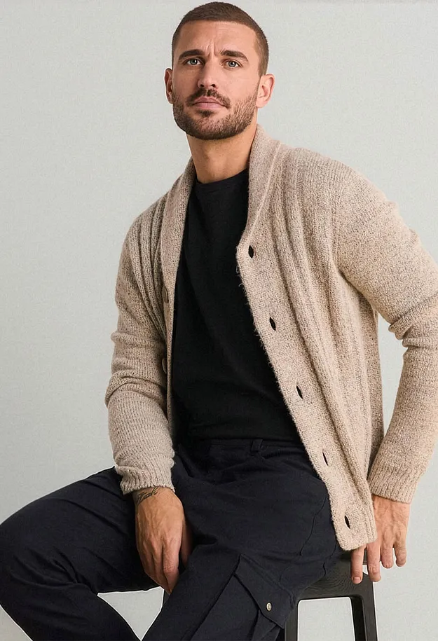 Avslappet stil med beige cardigan, sort T-skjorte og m&oslash;rkebl&aring; cargobukse.