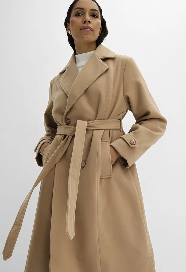 Dame - Vinter-trenchcoat i ullstil - naturbrun