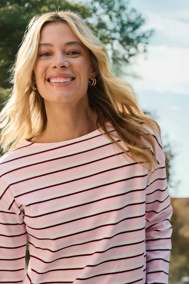 Dame - Langermet topp i 100% &oslash;kologisk bomull - hvit/krystallrosa/rubinr&oslash;d